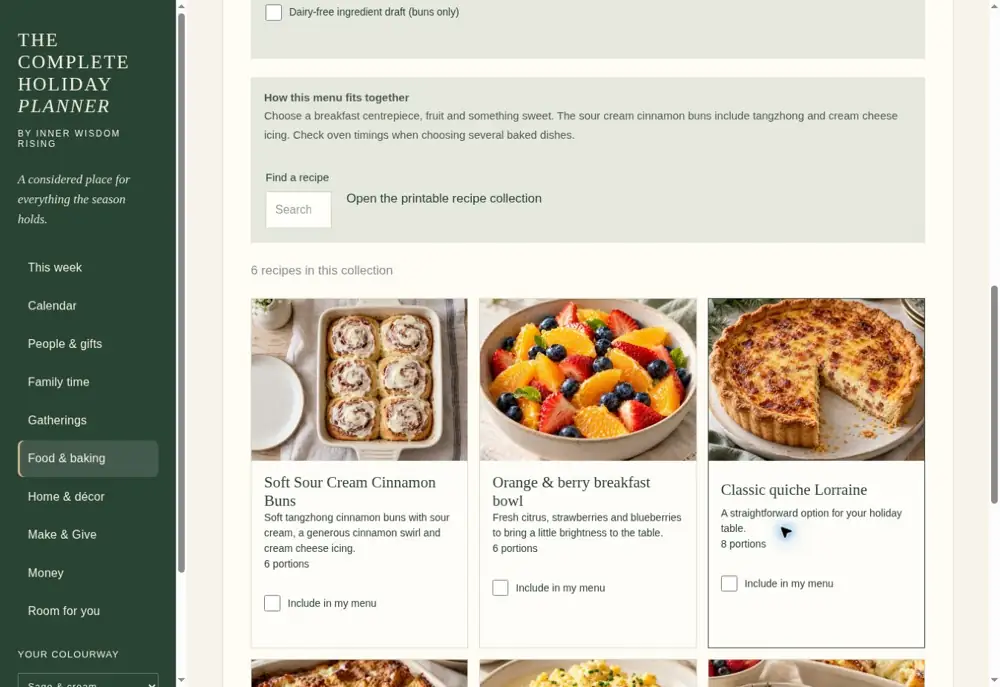 Actual holiday cookbook showing cinnamon buns, a fruit bowl and quiche, with options to include dishes in a menu