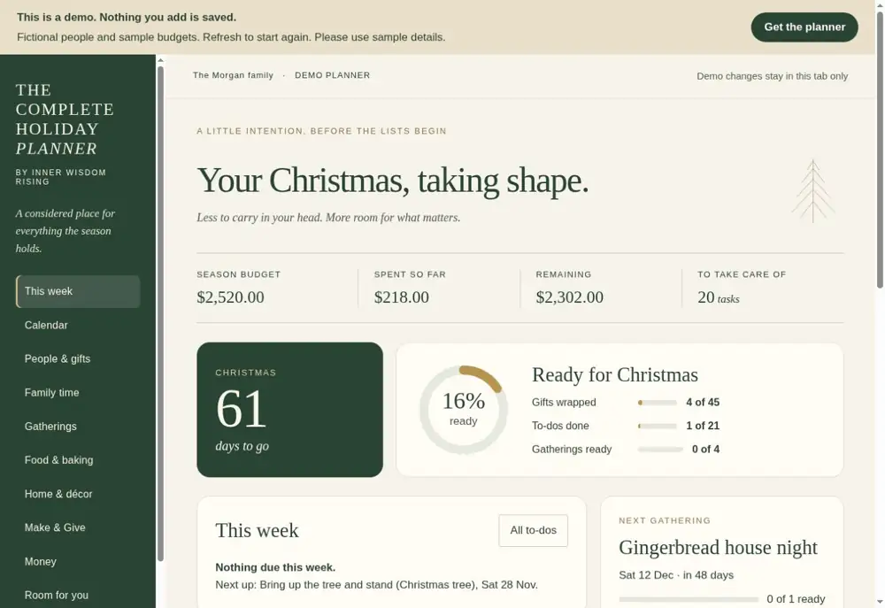 Actual planner demo showing the seasonal overview, budget and upcoming gathering