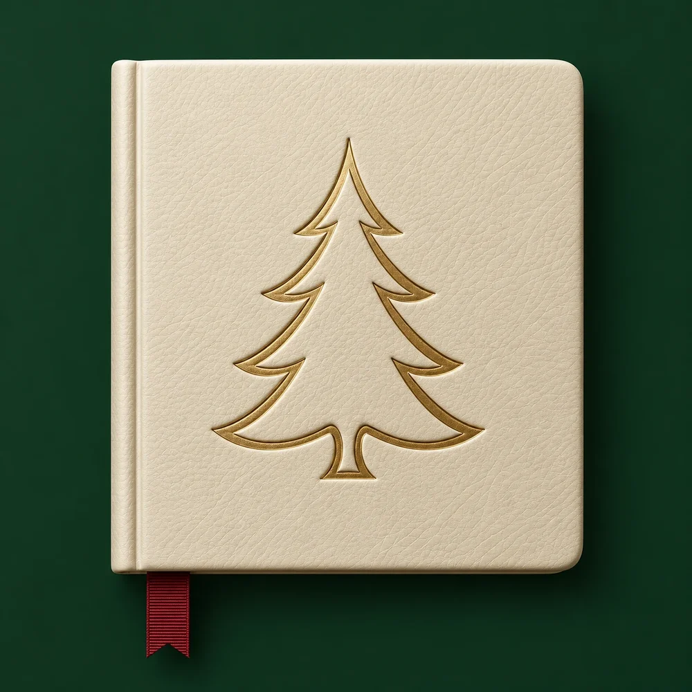 The Complete Holiday Planner, shown as a cream leather book with a gold tree