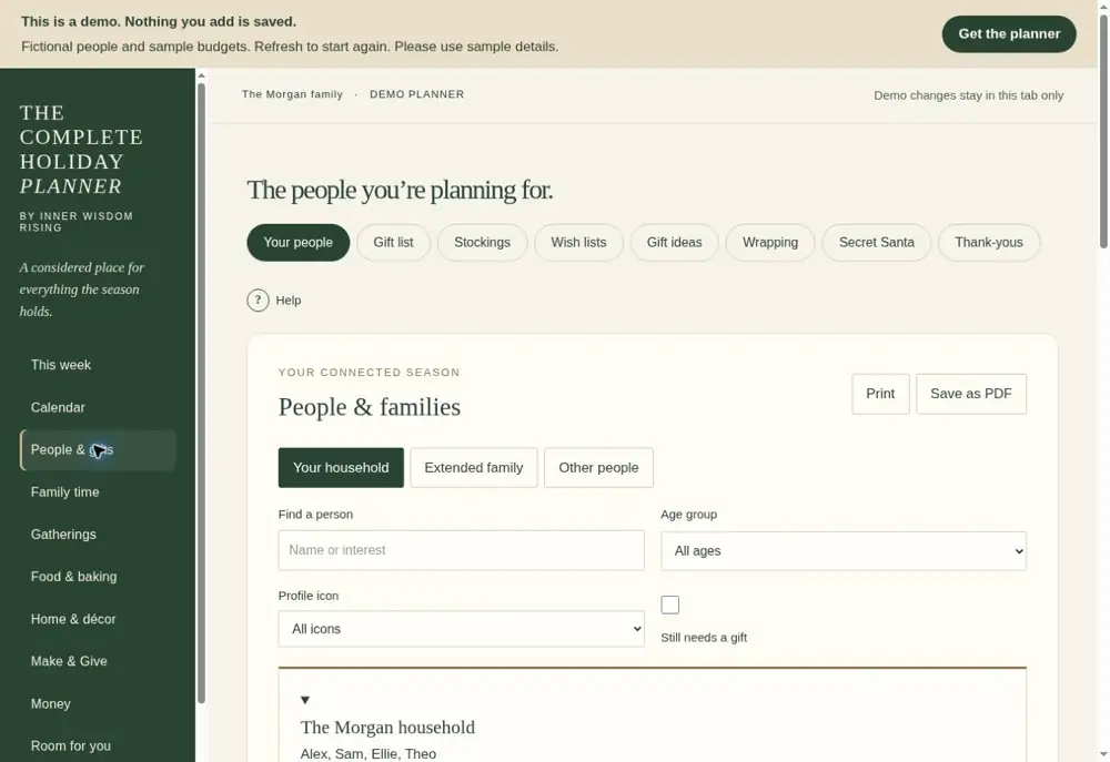 Actual People and families screen with household profiles, interests and sample gift budgets